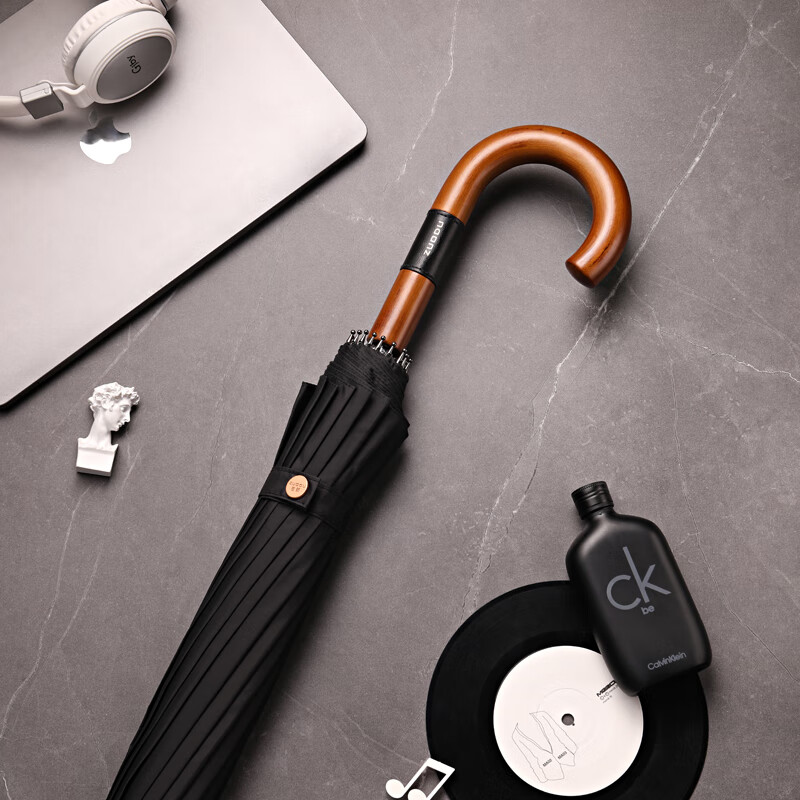 左都(zuodu)木把长直柄黑色雨伞超大号加固加厚抗风暴自动伞男士家用