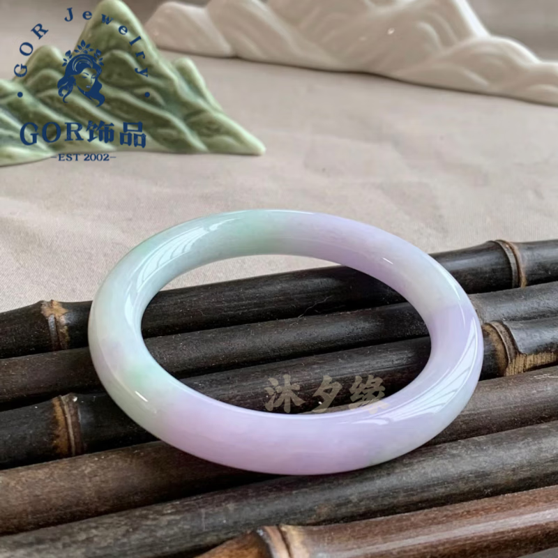 春带彩翡翠手镯缅甸老坑翡翠冰糯种胖圆条玉镯子淡紫罗 春彩紫罗兰 51