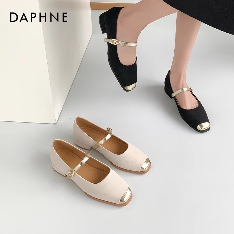 达芙妮玛丽珍女鞋2024新款春秋法式气质小香风皮鞋拼色一字扣单鞋QJ1Q 米金色 39