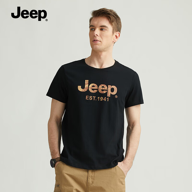 jeep)男士短袖t恤夏季纯棉黑色透气休闲运动透气上衣服男纯黑【牧马人