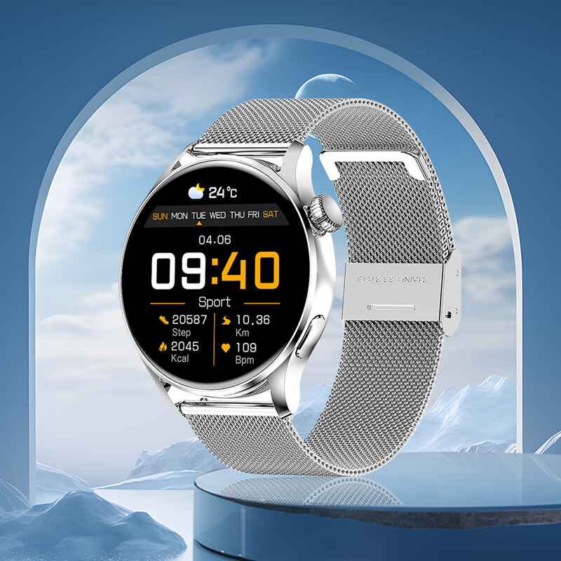 莱思帝Q3智能手表运动心率血压血氧睡眠监测跑步IP68防水防汗长续航蓝牙接打电话健身手环 银色+银色米兰钢表带 送硅胶表带 高硬度合金机身