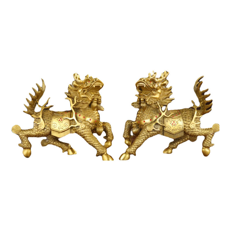 明恩铜麒麟摆件纯黄铜火麒麟客厅家用全黄铜家居室内客厅全铜公母 威武麒麟18CM高/一对价（带9样）