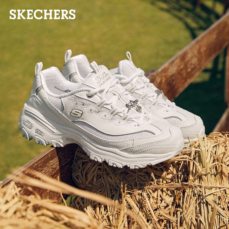 斯凯奇(skechers)女鞋钻石熊猫鞋老爹鞋周年纪念款12241 白色/银色