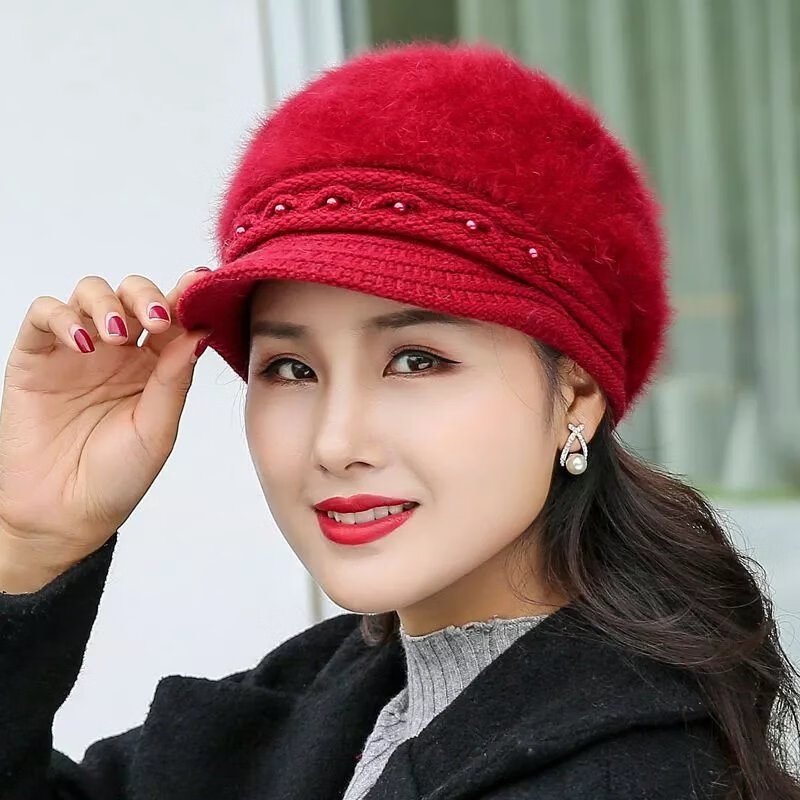 欧曼玫【现发】帽子女冬天加绒保暖护耳鸭舌针织帽贝雷帽兔毛帽加厚毛线 豆沙色
