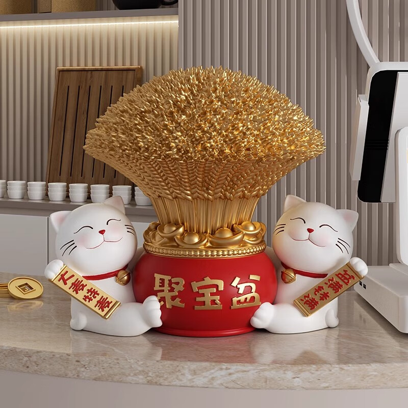 藝心藝意大麥招財(cái)貓擺件聚寶盆送朋友店鋪開業(yè)禮物前臺招財(cái)聚財(cái)裝飾工藝品 盆滿缽滿招財(cái)貓