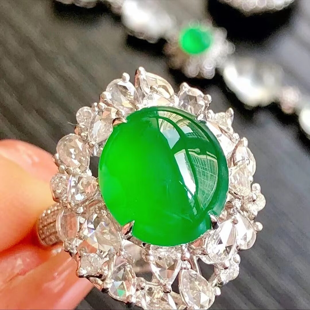 xcl冰种正阳绿蛋面翡翠戒指缅甸天然a货满绿绿戒面女款带证 面女款带