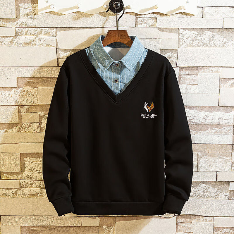 男士有领长袖t恤男修身型翻领衬衫领卫衣男假两件加绒春秋 775黑色薄