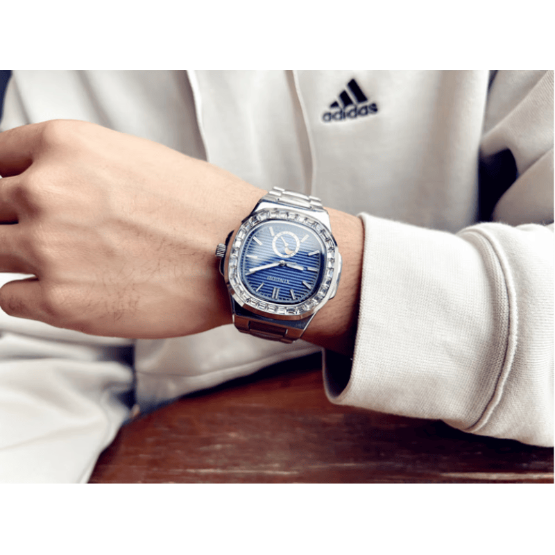 木阔鹦鹉螺多功能全自动机械表防水夜光钢带腕表时尚潮流商务复古礼物 银壳蓝面多功能款