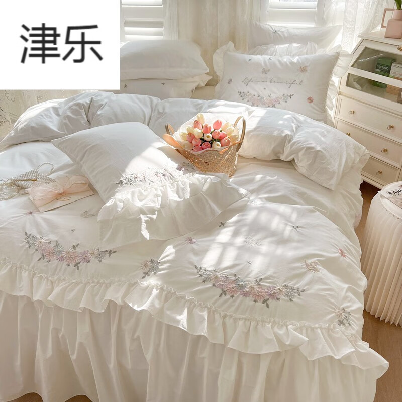 津乐法式ins白色床单被套床上四件套100全棉纯棉网红公主风床裙款床品 纯棉伊莲娜白色(超柔裸睡) 床单式(自然下垂)+1.2m床宽(被套