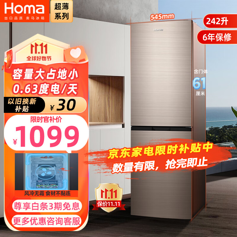奥马(Homa)242升风冷无霜大容量双开门电冰箱 两门二门节能 小户型家用租房办公 冷冻分储 BCD-242WH属于什么档次？