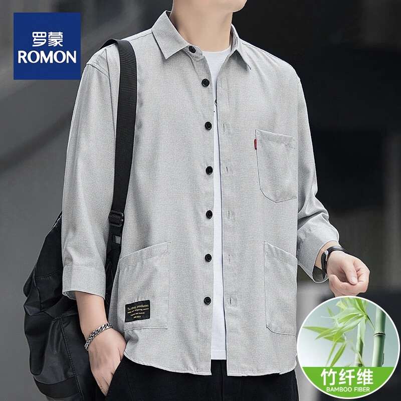 罗蒙(ROMON)【竹纤维休闲衬衫】春夏男士七分袖衬衫港风时尚百搭衬衫 豆绿 L(125斤左右)