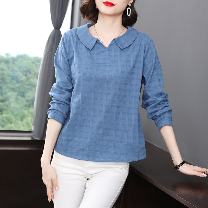 锡曼尘中国风亚麻衣服棉麻t恤女长袖秋装中年装宽松polo领女秋衣中