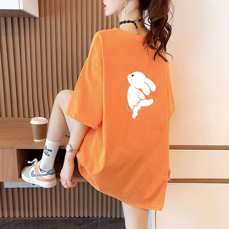 欧黛秀搭配鲨鱼裤的上衣夏季橘色大版短袖t恤女中长款宽松韩版减龄
