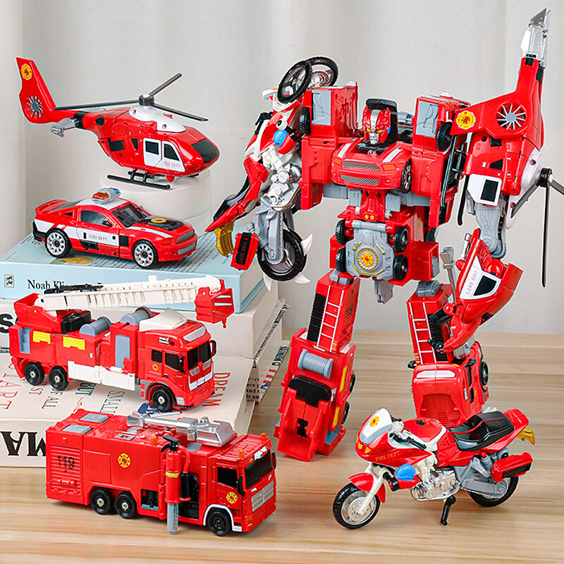 凯裕合金儿童超大号变形玩具男孩合金消防系列汽车机器人五合一机甲模型 消防系列五合一精美礼盒