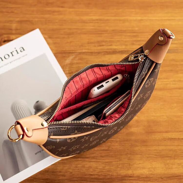 酷奇袋鼠酷奇真皮老花月牙腋下包2025新款高级感链条手提包时尚单肩斜挎包 咖啡色