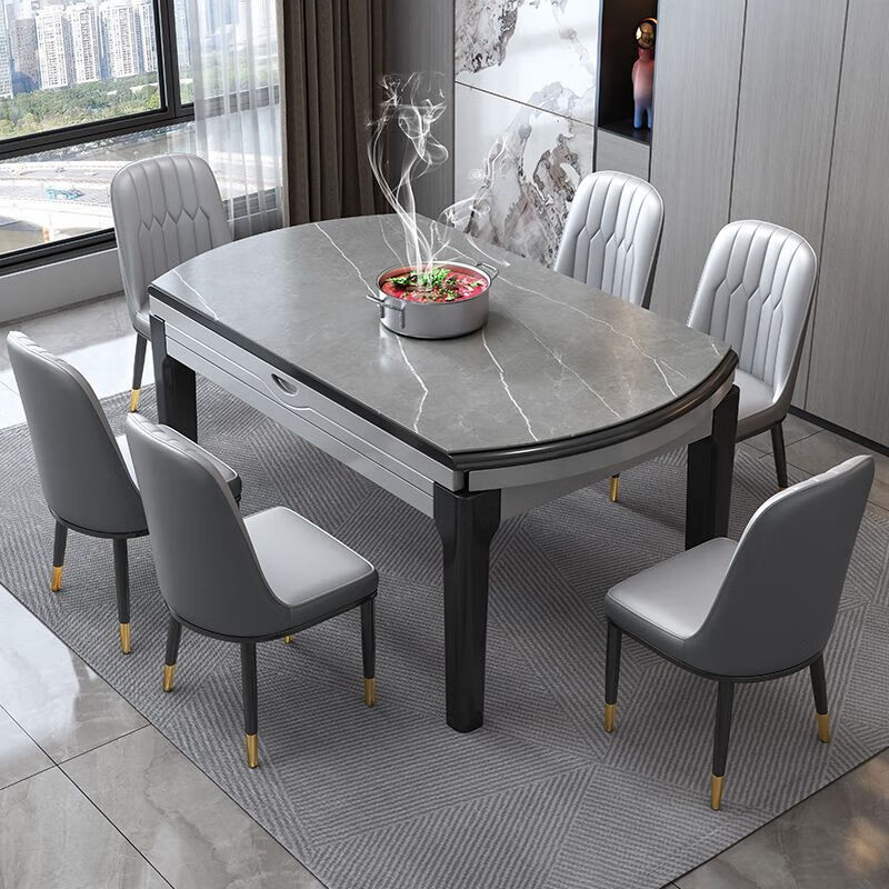 梵森荣2026新款岩板餐桌椅组合现代简约家用带电磁炉可伸缩方圆两用饭桌 黑白+雪山白亮光 1.35m  +8餐椅(皮椅)