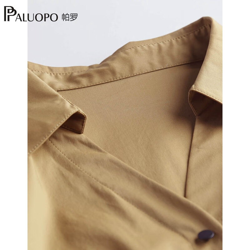 帕罗（PALUOPO）连衣裙短袖衬衫领中长款夏季气质显瘦棉混纺百搭女装新款 卡其 L (165/88A)