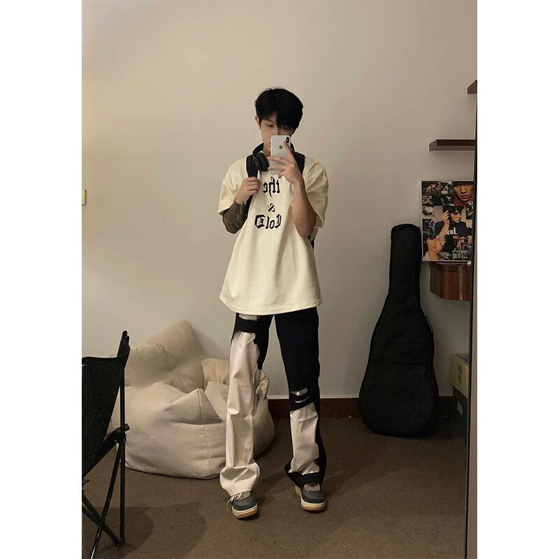 FELALWEN黑白拼接褲子男款春秋美式高街vibe微喇工裝褲直筒鴛鴦褲寬松設(shè)計(jì) 黑色  S