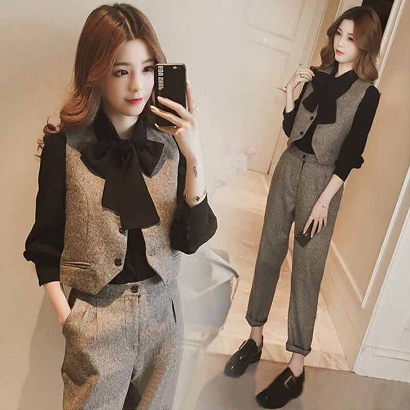 唐晓笙新款秋冬时尚休闲小个子显高气质三件套韩版洋气网红小西装套装