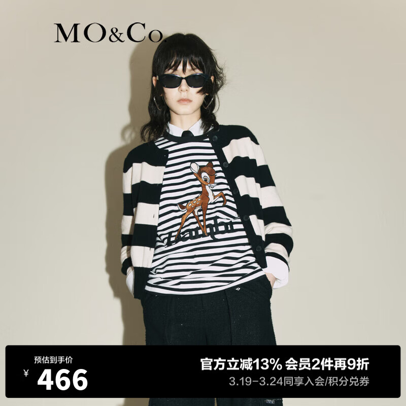 MO&Co.2023冬新品小鹿斑比联名系列印花条纹宽松T恤MBC4TEET05 黑白条色 S/160
