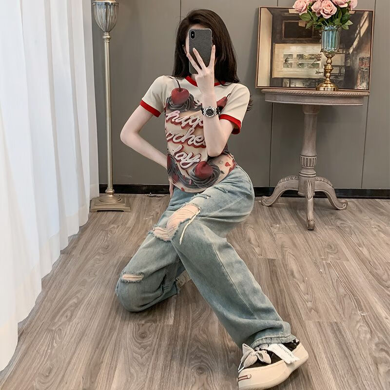 joytsie初恋系梨形身材穿搭套装一整套直筒破洞牛仔裤时尚女夏季休闲