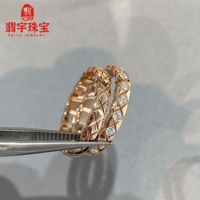 翡宇彩金戒指女18k玫瑰金菱格纹coco戒指男女925厚轻奢菱形 细版玫瑰金