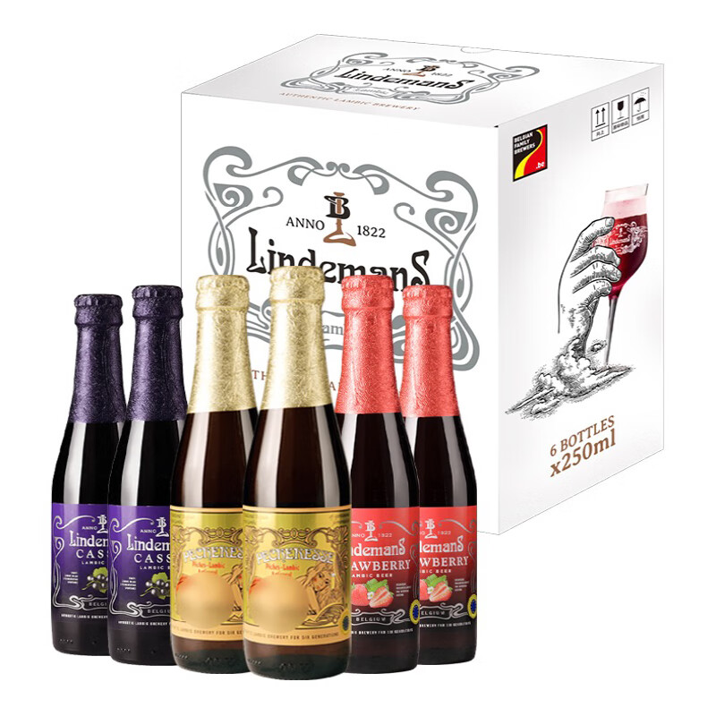 Lindemans林德曼 桃子/草莓/黑加仑啤酒礼盒250ml*6瓶 比利时 春日出游