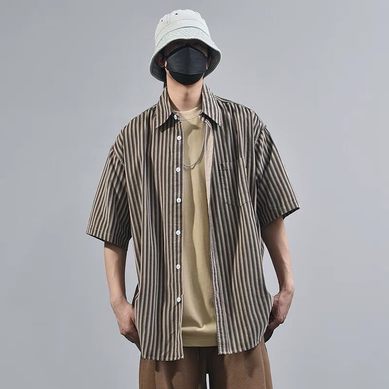 宁墅日系复古竖条纹衬衫男士夏季日系潮牌竖条纹短袖衬衫男港风复古宽