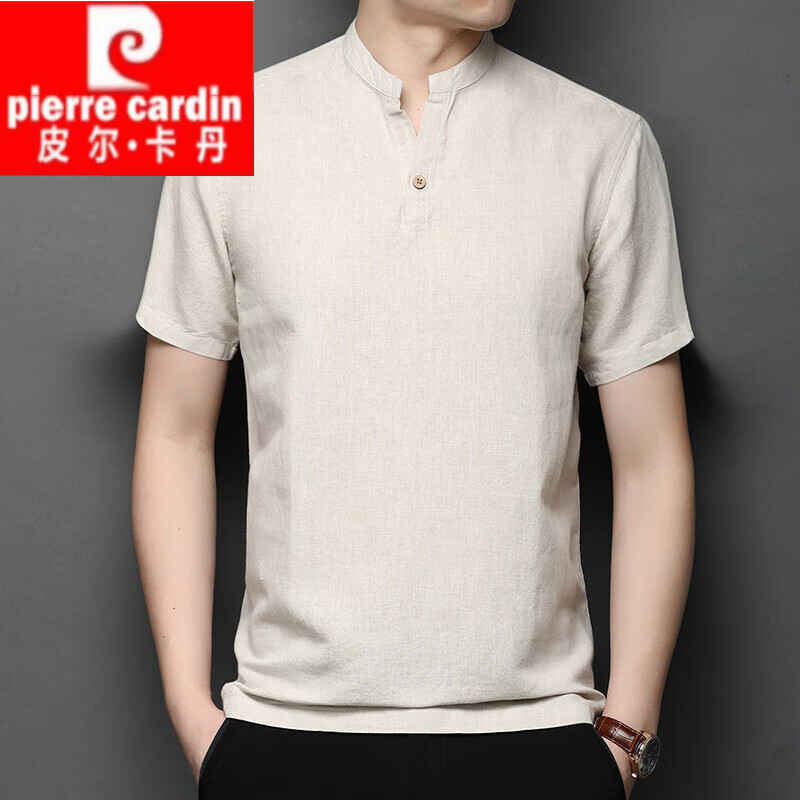 皮尔卡丹(pierre cardin)品牌男装亚麻短袖t恤男士中国风夏季棉麻纯色