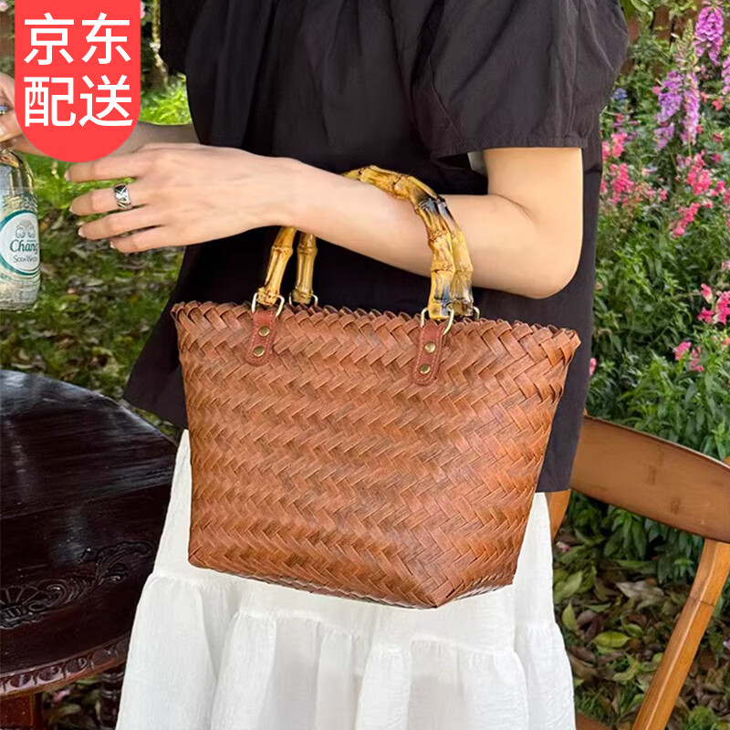 韞舜2025新款仿藤編草編包女手工編織女包復(fù)古仿竹節(jié)把手手提包度假 復(fù)古編織手提包【深棕色】 中包