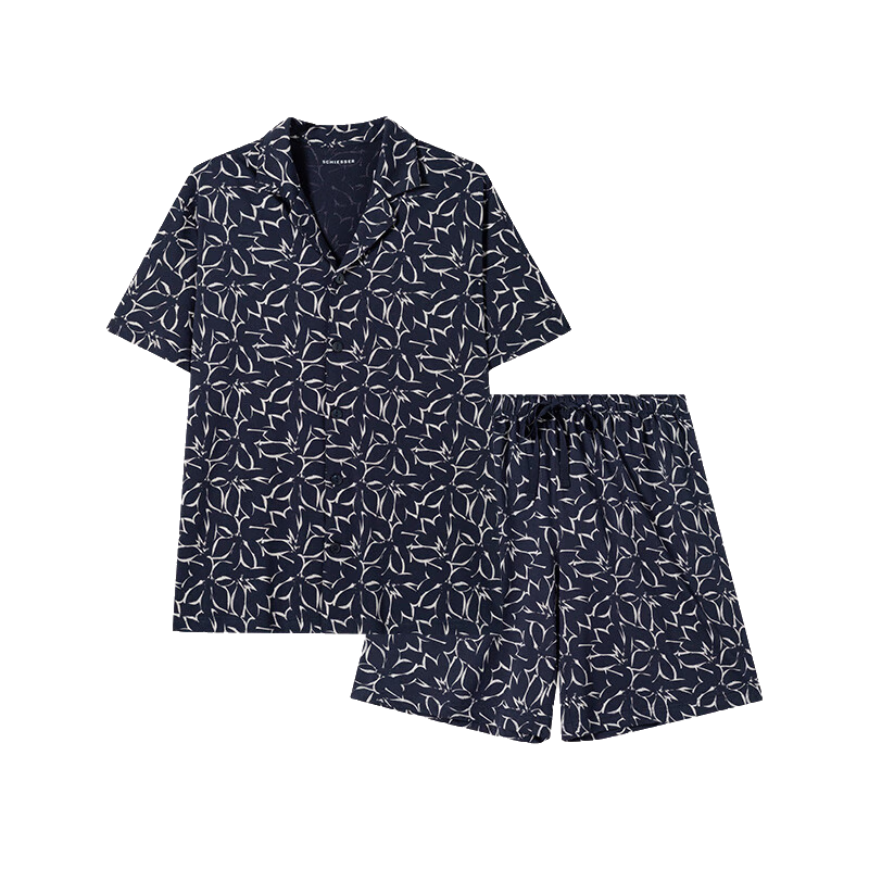 舒雅【纯棉】男士翻领印花短袖短裤睡衣家居服套装