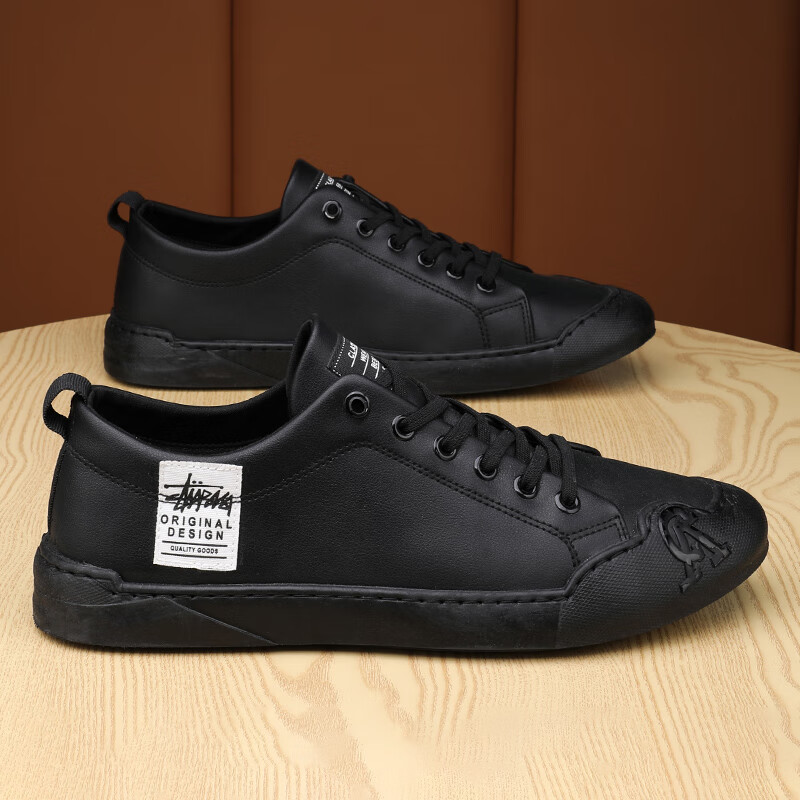 shanbu工作男鞋冬季平板鞋黑色一脚蹬豆豆休闲皮鞋男士防水防滑劳保潮