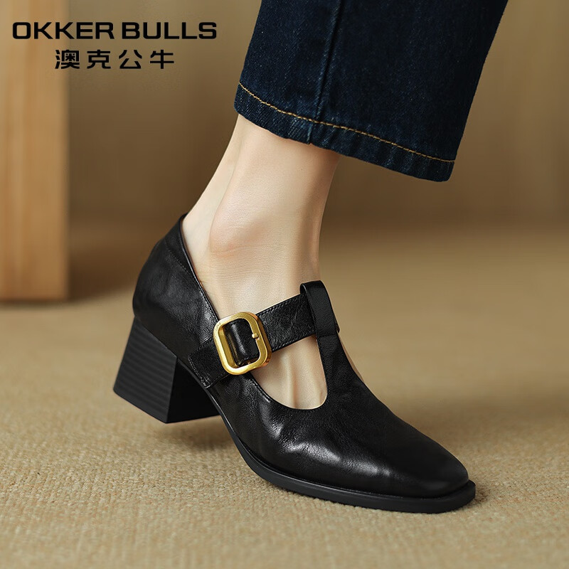 澳克公牛(okker bulls)女鞋2024年春季新款方头浅口日常粗跟软皮复古