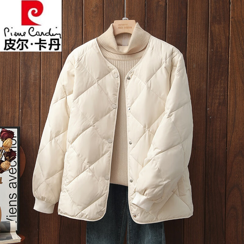 皮尔卡丹（pierre cardin）短款羽绒服女圆领2025年冬季小个子轻薄百搭宽松菱格无领内胆外套 白色 真羽绒 假一罚三 S 建议90-120斤