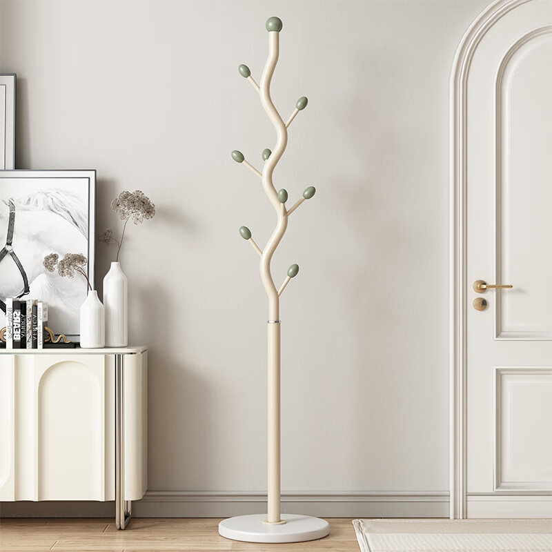 苏沐瞳奶油风网红衣帽架落地卧室挂衣架简约家用立式衣架室内衣服收纳架 奶油白支架+豆绿色挂钩-白色岩板