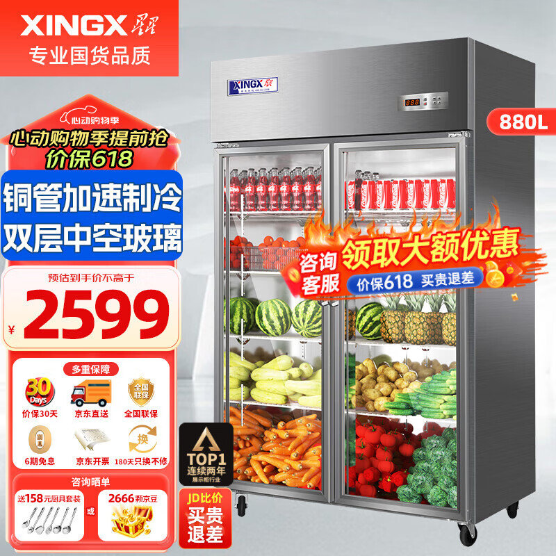 星星（XINGX）展示柜冷藏保鲜柜双开门立式冰柜 冰箱商用大容量饭店食堂厨房点菜蔬菜水果 双门铜管冷藏保鲜柜880升 BC-980Y
