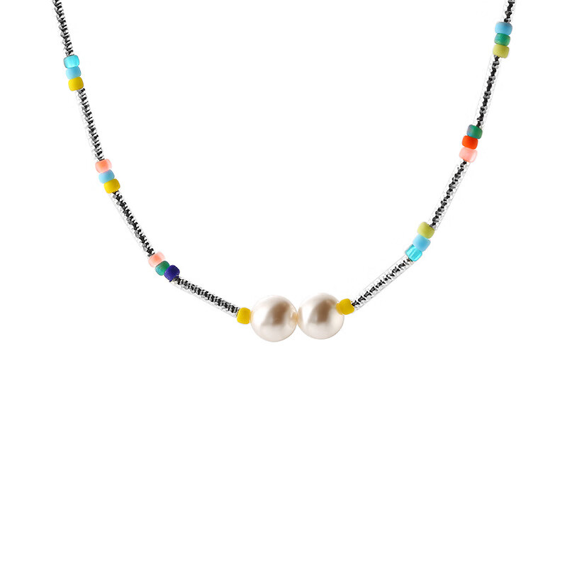 森匠925银彩虹珍珠项链女简约小众设计师款创意彩色手工串珠链新品 n