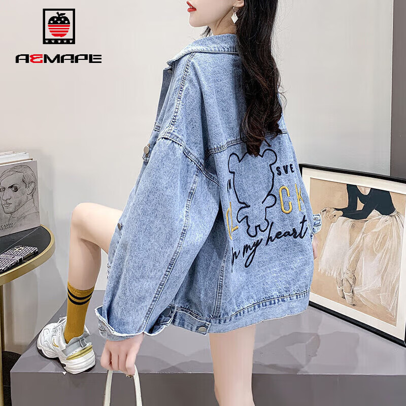 AEMAPE外套女2025春秋冬季新款小熊刺绣牛仔短外套女装韩版时尚宽松上衣 蓝色 L _建议120-140斤