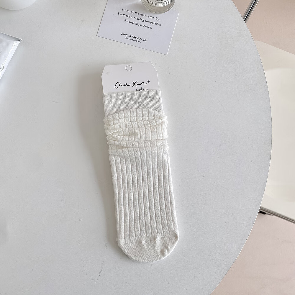 春夏袜子女薄款透气网眼纯色基础中筒堆堆袜学院风棉麻色女袜 中筒--奶白 1双