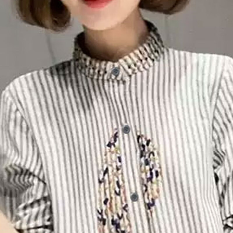 子牧棉麻秋装 女文艺民族风条纹衬衫上衣宽松显瘦长袖刺绣衬衣9009 灰白条纹 XL(建议125-135斤)