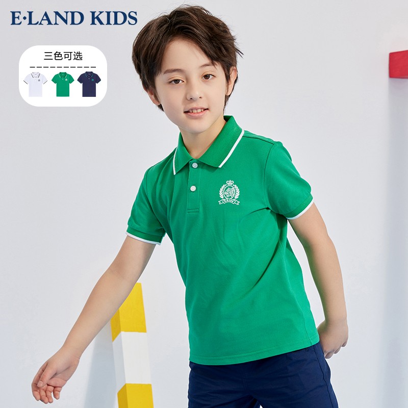 E·LAND KIDS童装夏季新品男童帅气条纹Polo领短袖T恤 Green绿色/40 130cm