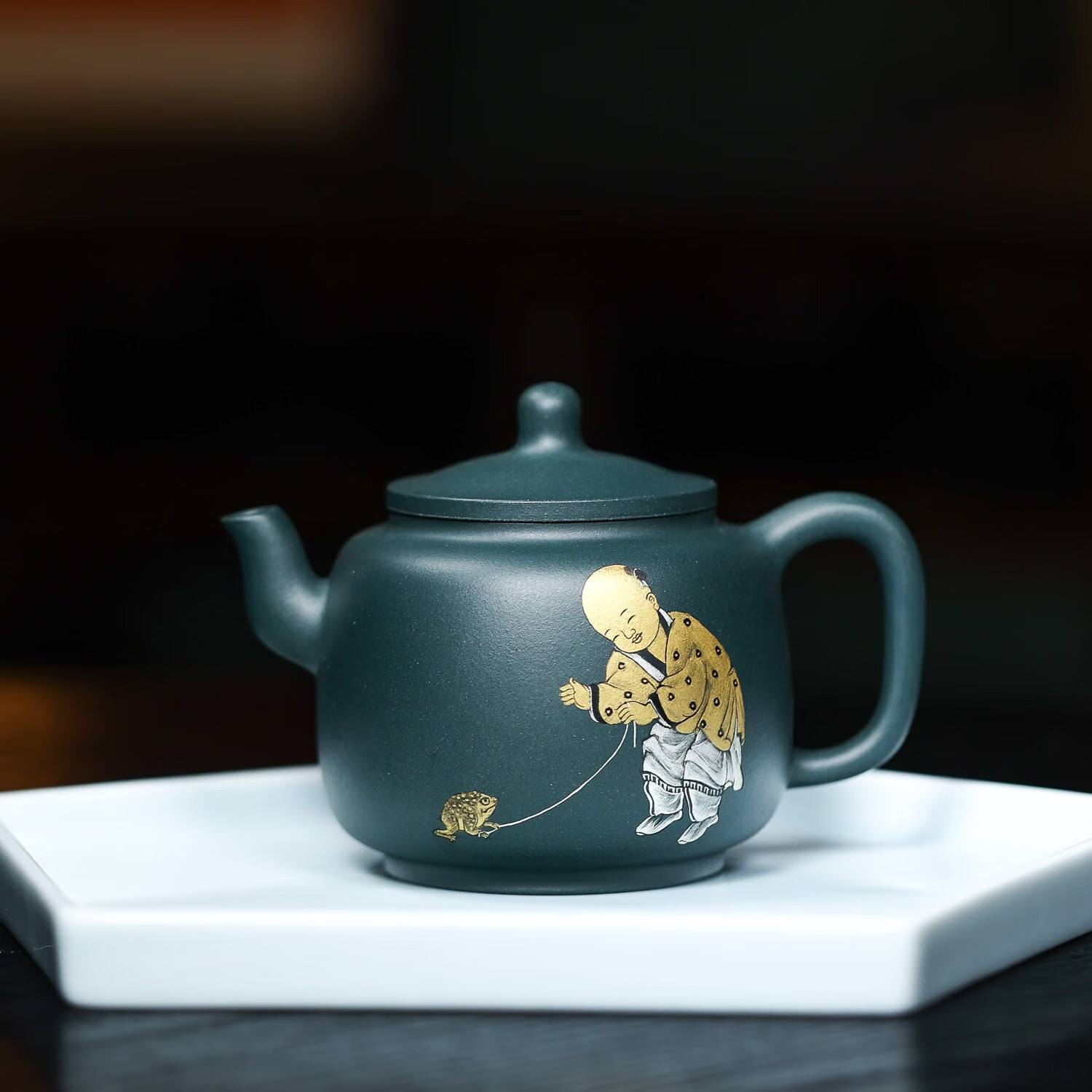 星虫宜兴原矿匋斋景舟墨绿墨林.戏蟾高端紫砂壶