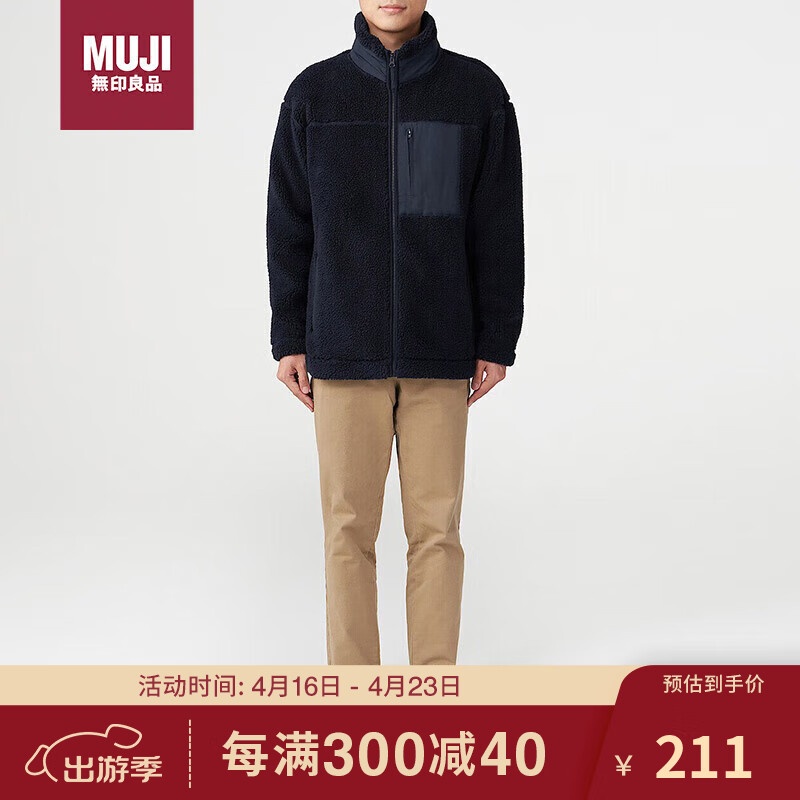 无印良品（MUJI）男女通用羊羔绒拉链夹克短外套无性别男款女款深藏青色Ｓ-Ｍ