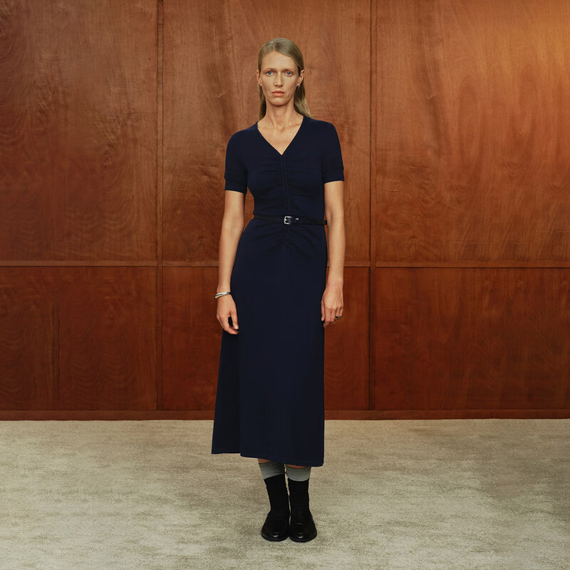 OVV【孙俪同款】2024秋冬新款女装丝毛混纺V领短袖连衣裙 藏青 M