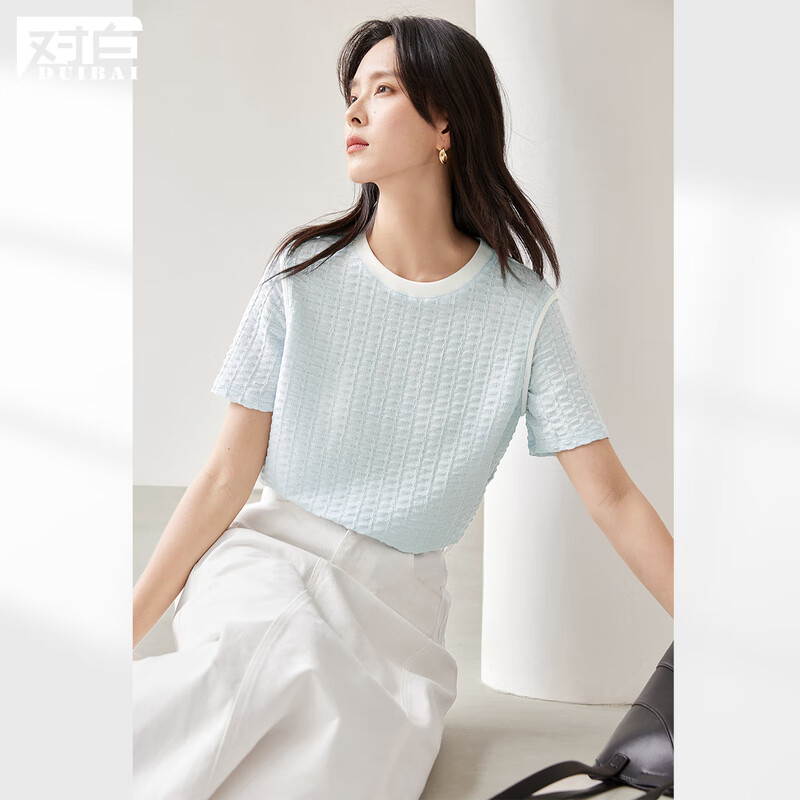 对白微皱肌理感撞色正肩短袖t恤女2026夏季新款圆领宽松显瘦上衣 浅冰蓝 M