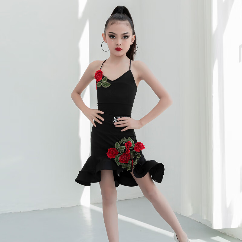 练功服夏季拉丁舞训练表演演出儿童练功拉丁舞 黑色玫瑰刺绣 110cm