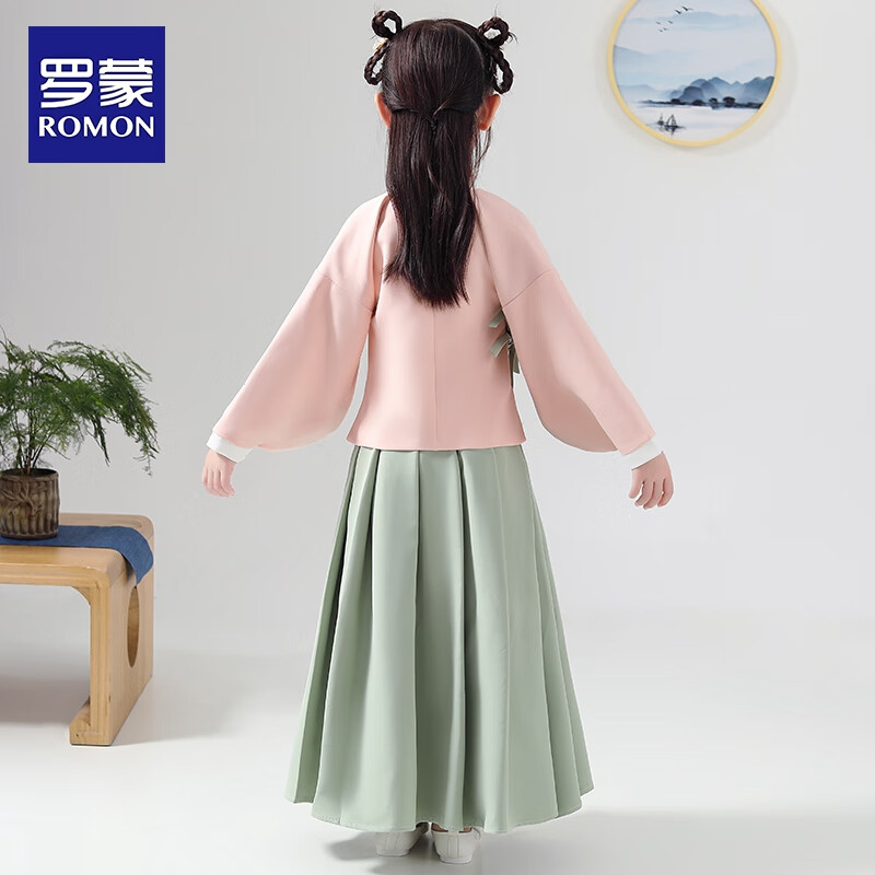 罗蒙女童汉服连衣裙儿童唐装中国风小女孩古装襦裙夏季款毕业演出服 HA1004粉绿色袄裙 110