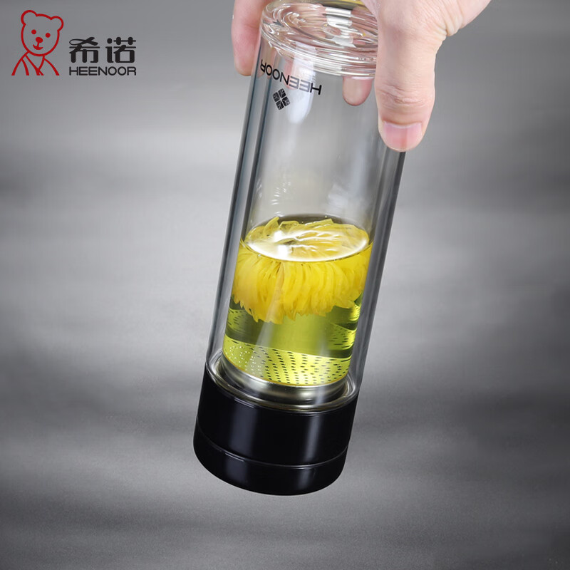 希诺(heenoor)茶水分离玻璃杯男士高档商务办公茶杯带滤网水杯车载隔热防烫杯子 黑色-390ml-茶水分离(N-9373) 礼盒装