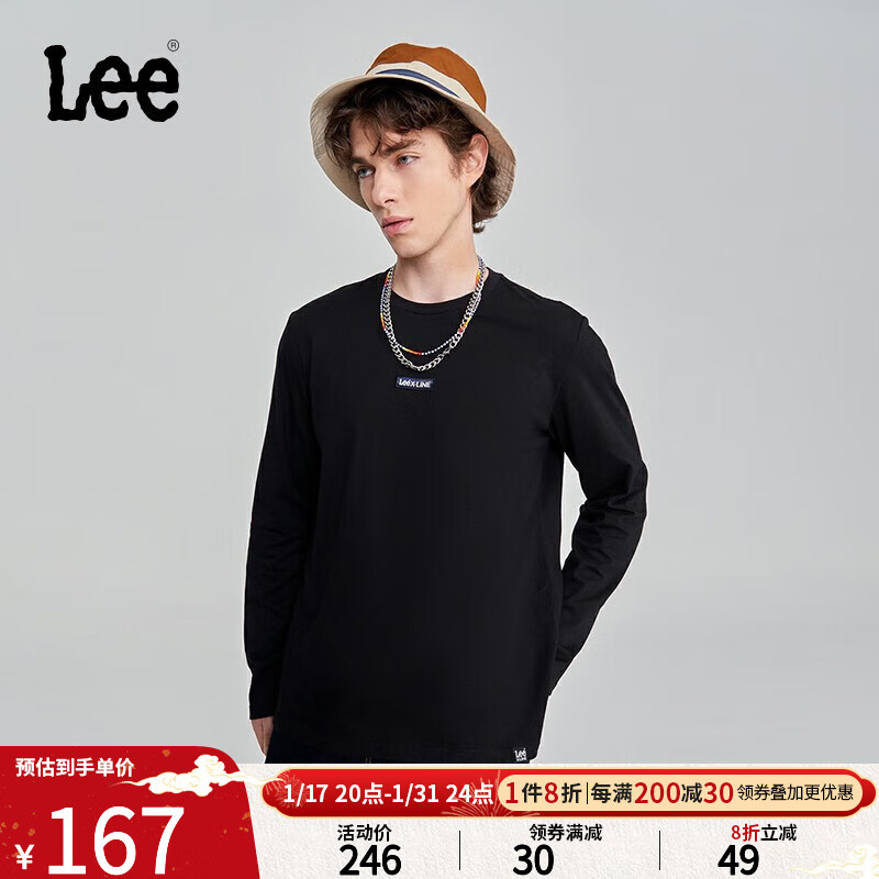 Lee23秋冬新品标准版圆领小logo刺绣男长袖T恤打底衫LMT0070913RX 黑色 M