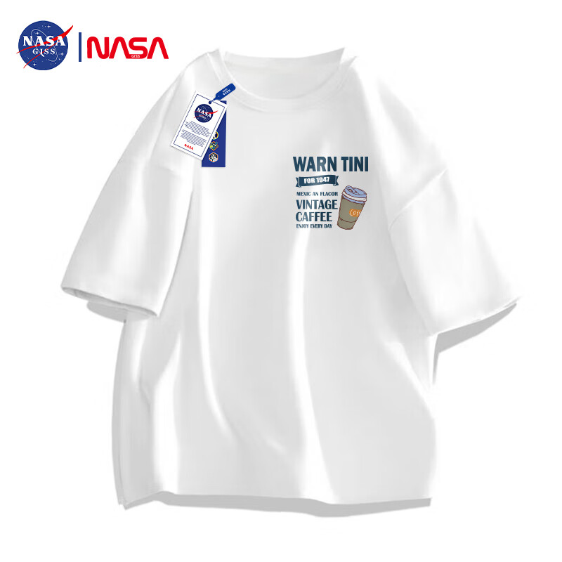 NASA GISS官方潮牌联名T恤男潮流简约青少年纯棉休闲风短袖上衣 白色 M 